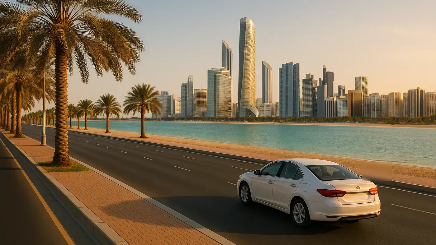 Palm-lined Corniche road beside the sea in Abu Dhabi (illustrative image)