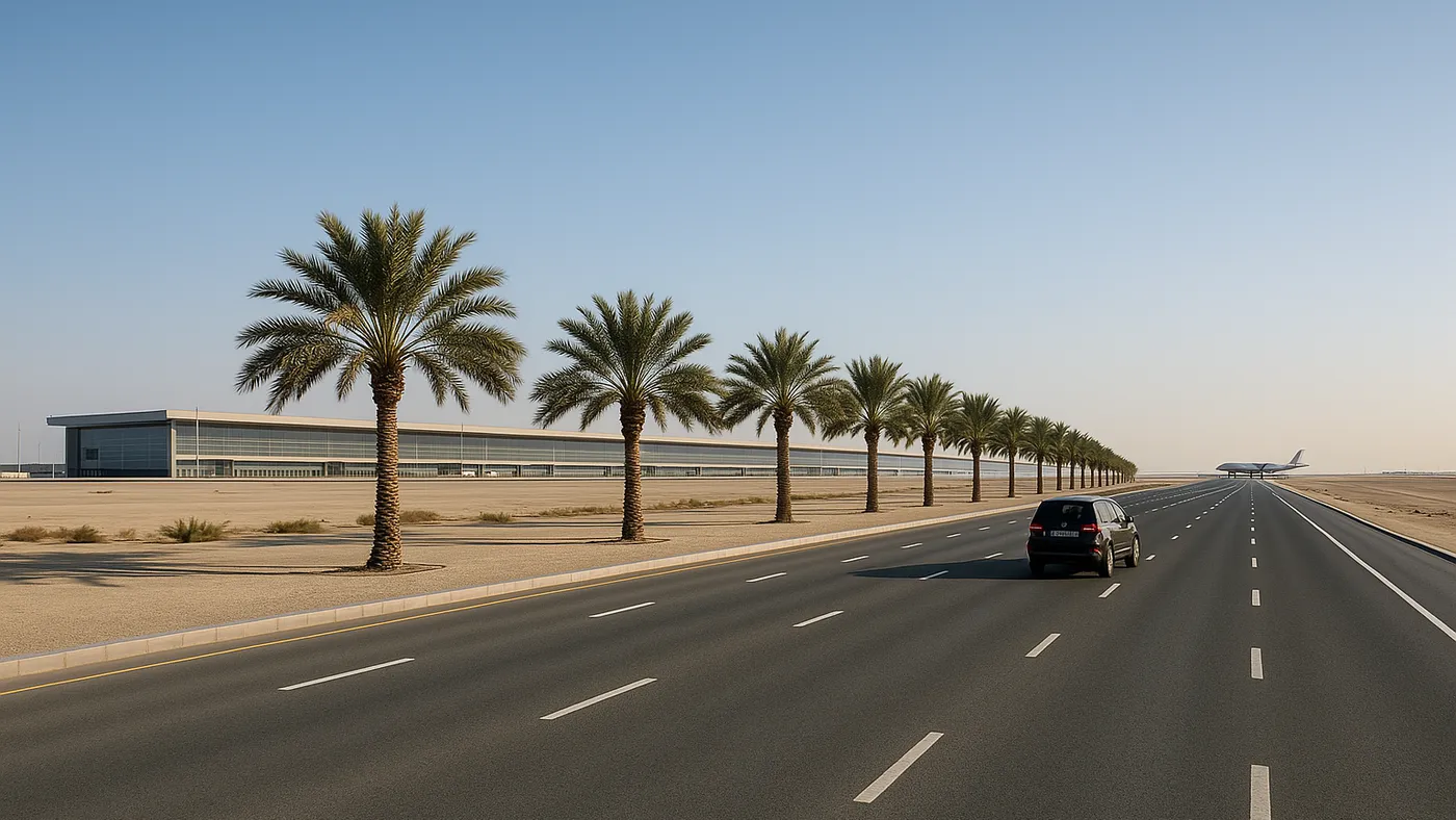Palm-lined road leading to an airport terminal in Dubai South (illustrative image)