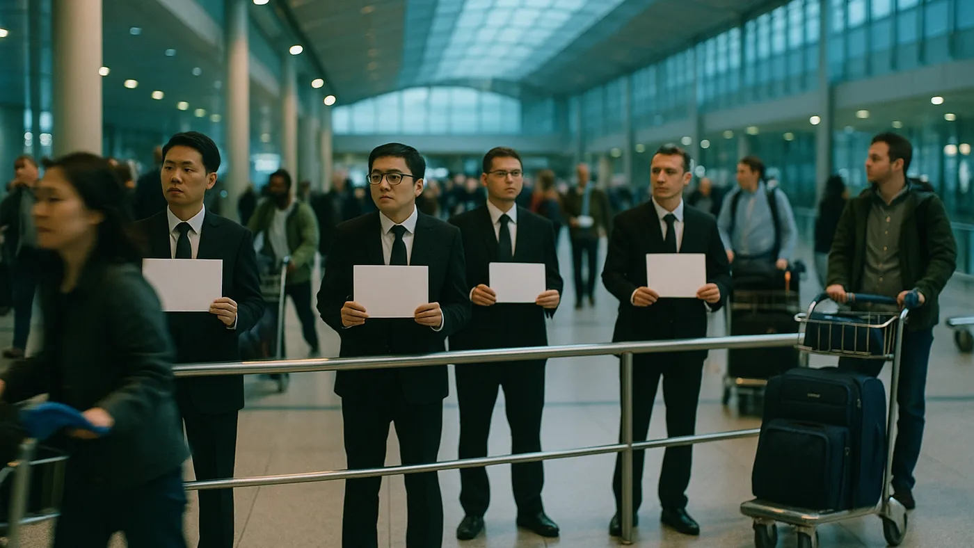 Drivers holding name cards in a busy airport arrivals hall (illustrative image)