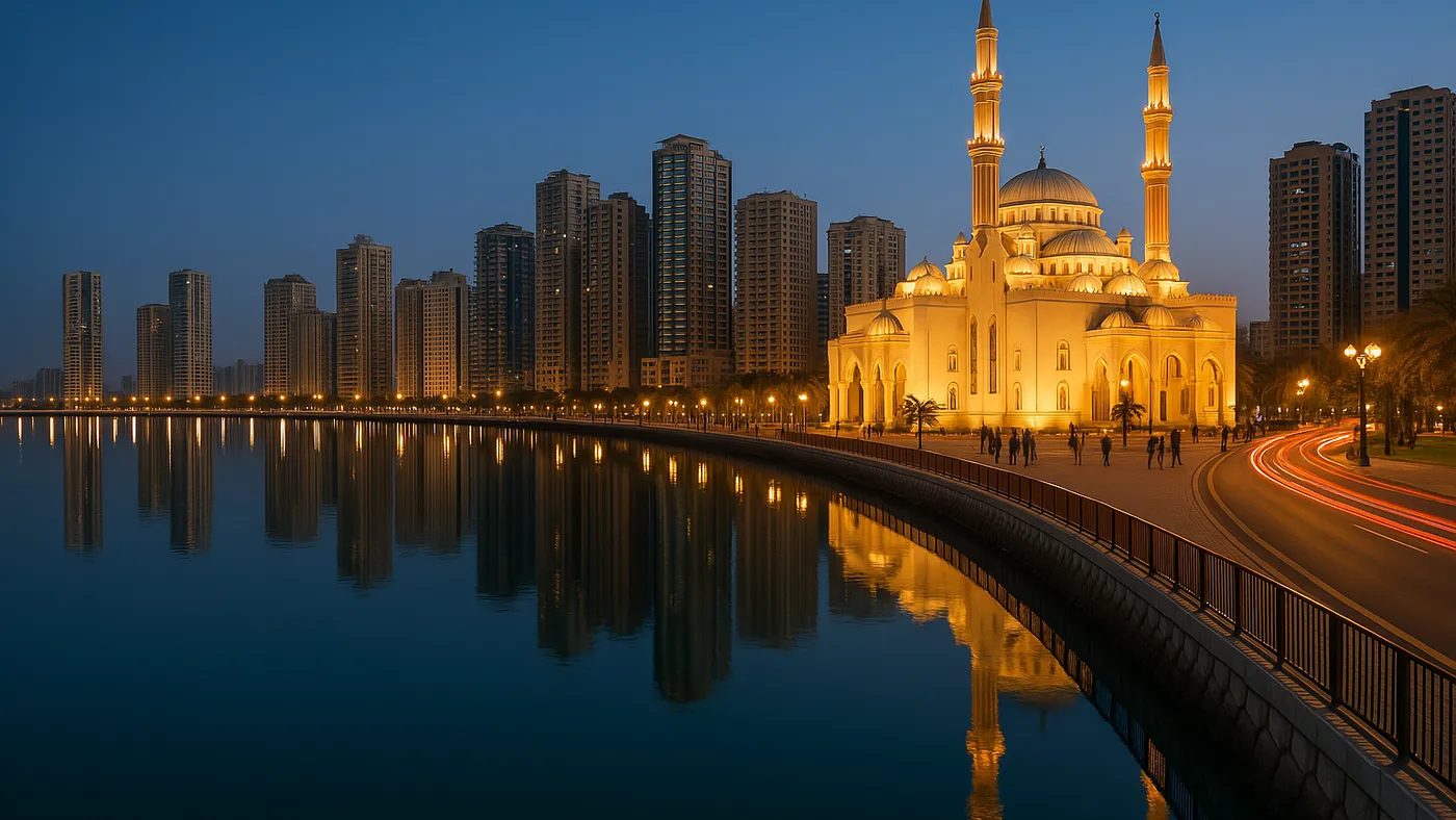 Al Majaz waterfront in Sharjah at dusk (illustrative image)