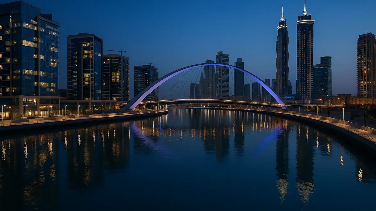 Dubai Water Canal and Business Bay towers at dusk (illustrative image)
