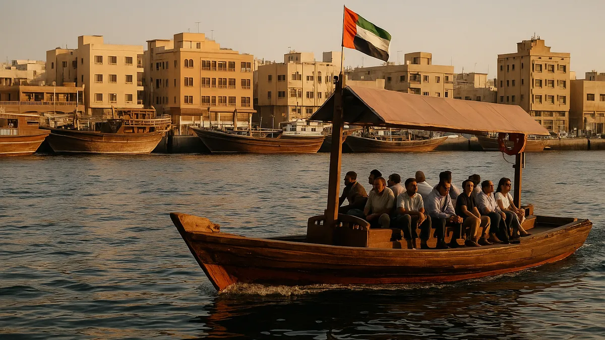 Abra water taxi crossing Dubai Creek beside moored dhows in Deira (illustrative image)
