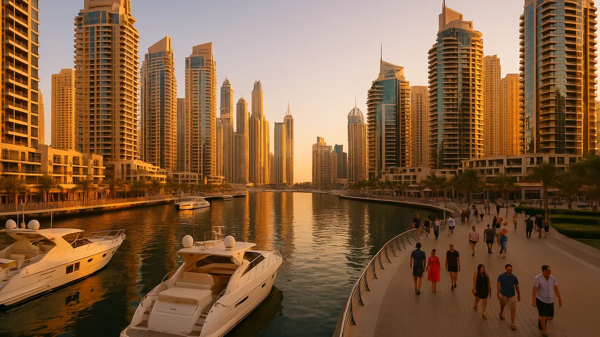 Dubai Marina towers and promenade at golden hour (illustrative image)