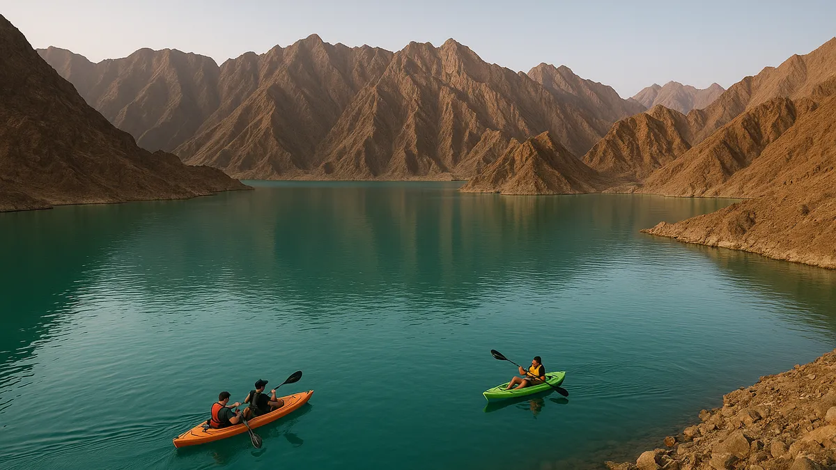 Kayaks on Hatta Dam among the Hajar Mountains (illustrative image)