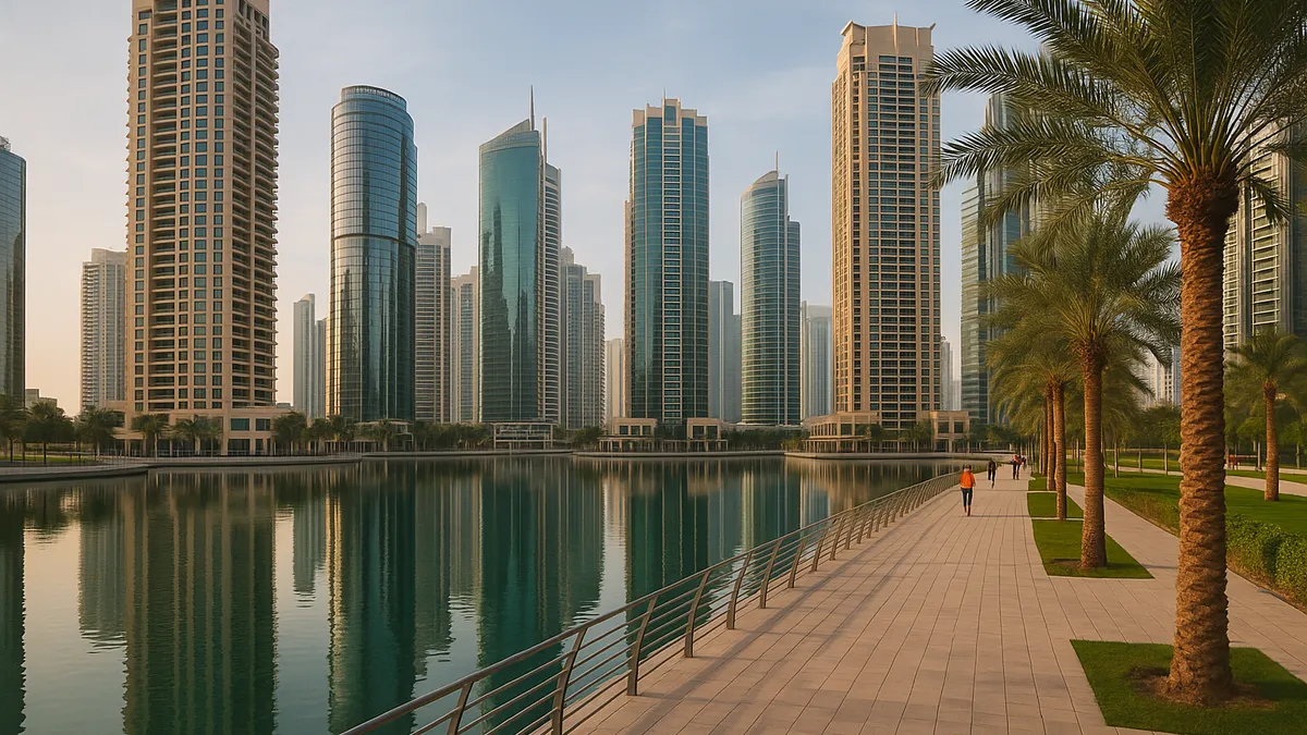 Lake and towers in Jumeirah Lakes Towers (illustrative image)