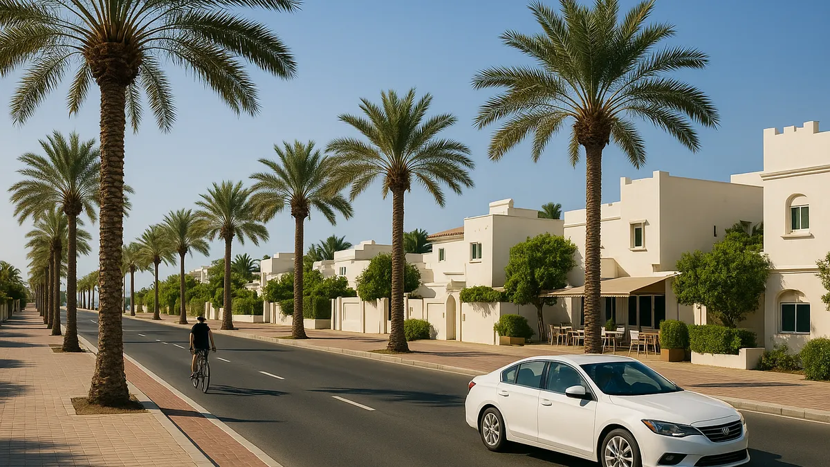 Palm-lined coastal road with villas in Jumeirah (illustrative image)