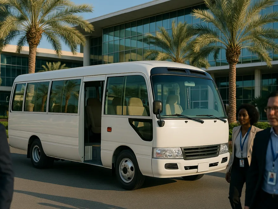 Illustrative image of a white mini bus coach waiting outside a Dubai venue