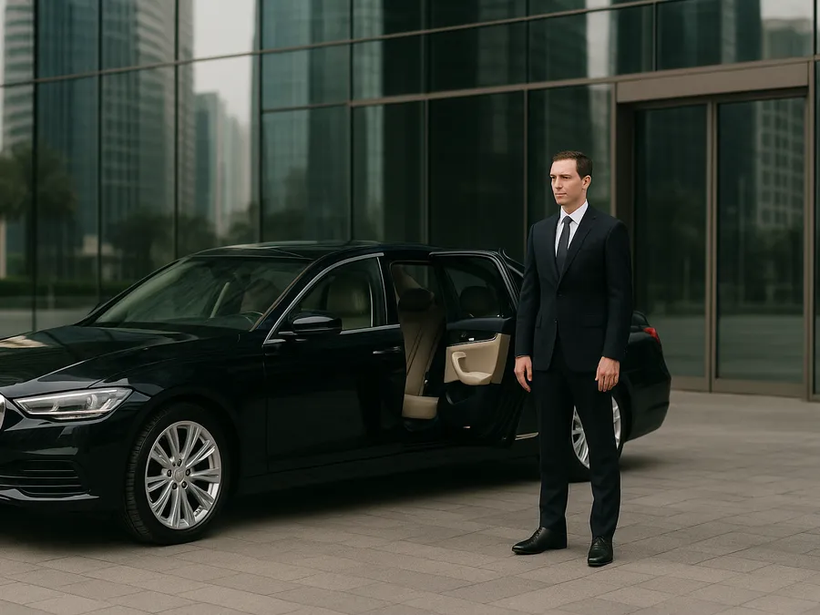 Illustrative image of a black executive saloon car outside a modern office tower