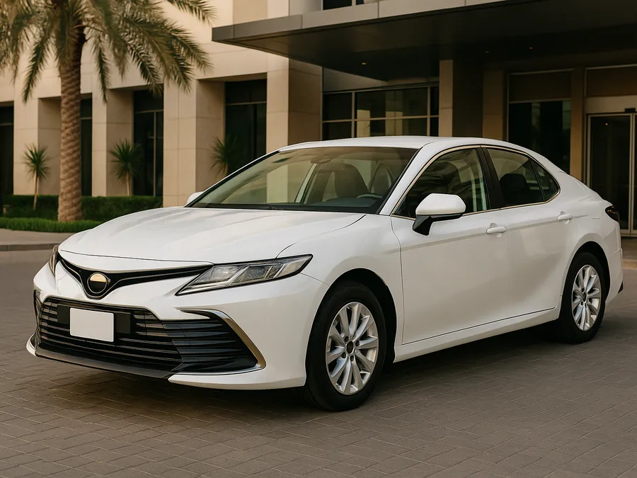 Illustrative image of a white mid-size sedan parked at a hotel entrance in Dubai