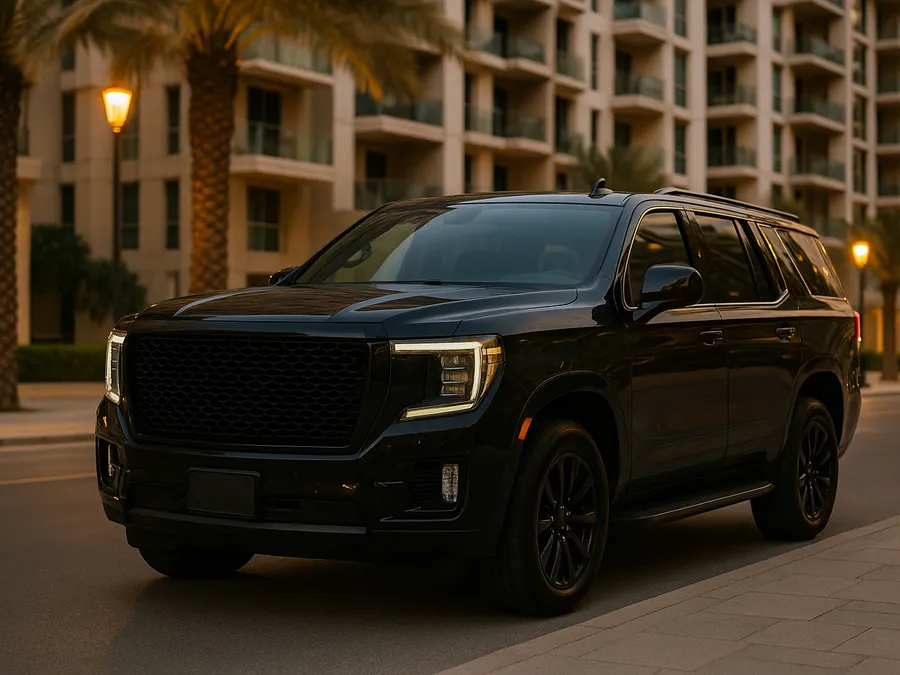Illustrative image of a black full-size SUV on a Dubai street at dusk