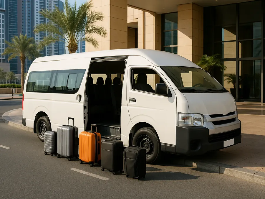 Illustrative image of a white passenger van parked in a hotel drop-off lane