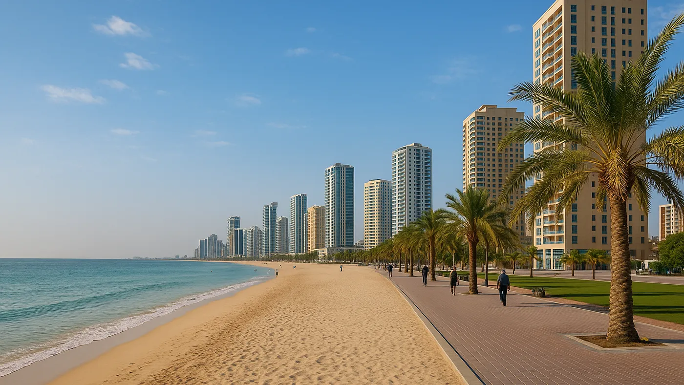 Ajman Corniche beach and seafront towers (illustrative image)