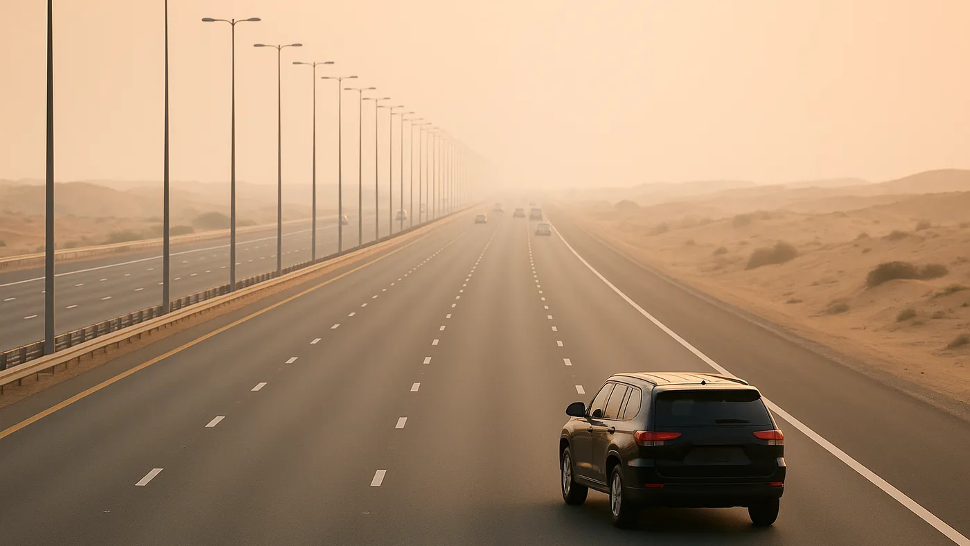 Desert highway between Dubai and Abu Dhabi at sunrise (illustrative image)
