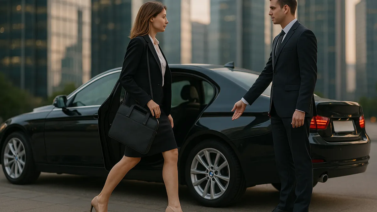 Business traveller stepping into an executive car held open by a chauffeur (illustrative image)
