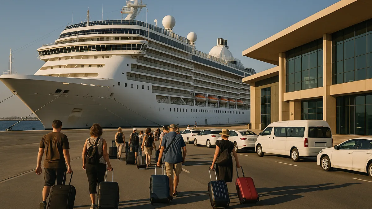 Cruise ship at a Dubai cruise terminal with cars waiting landside (illustrative image)
