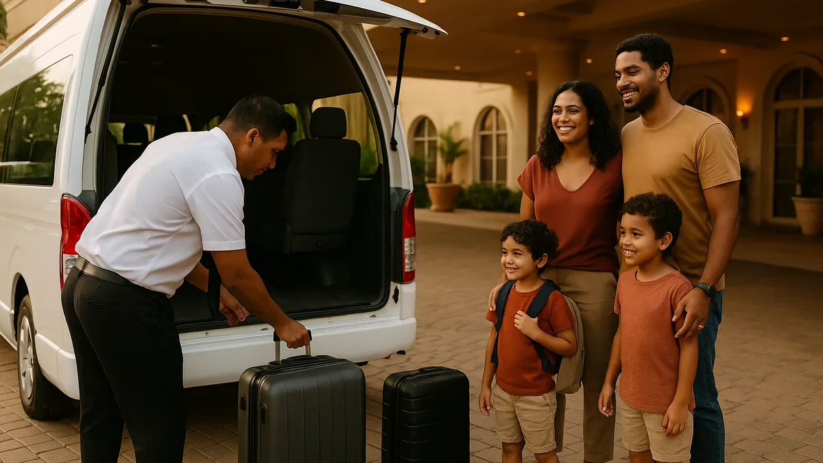 Family beside a passenger van while the driver loads their suitcases (illustrative image)