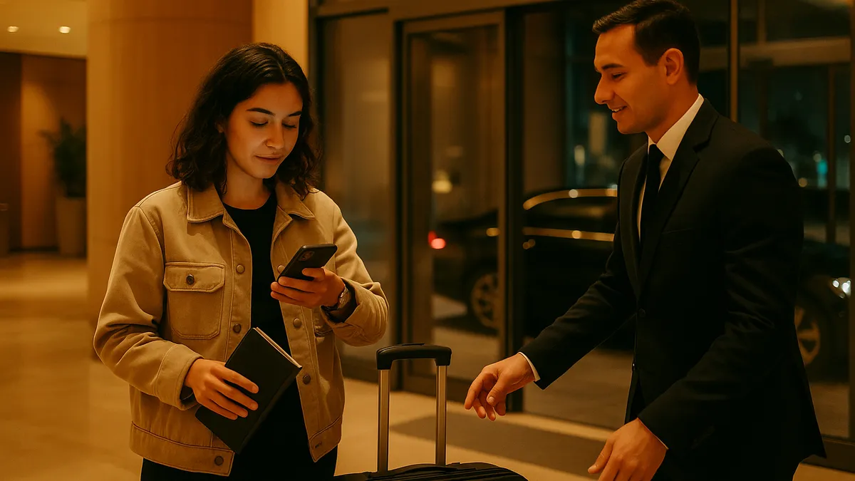 Driver collecting a traveller and her suitcase in a Dubai hotel lobby (illustrative image)